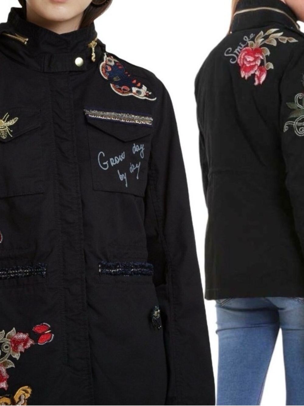 Desigual Black Embroidered Utility Jacket with Floral Accents | 36